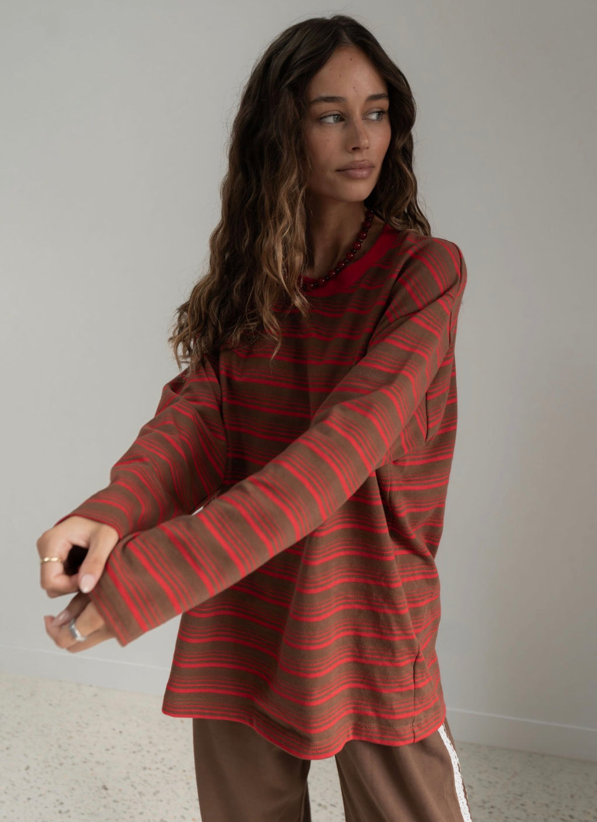 The Andi Long Sleeve | Stripe Red/Brown